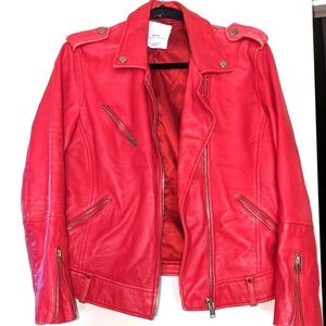 Mango Red Leather Moto Jacket, sz L